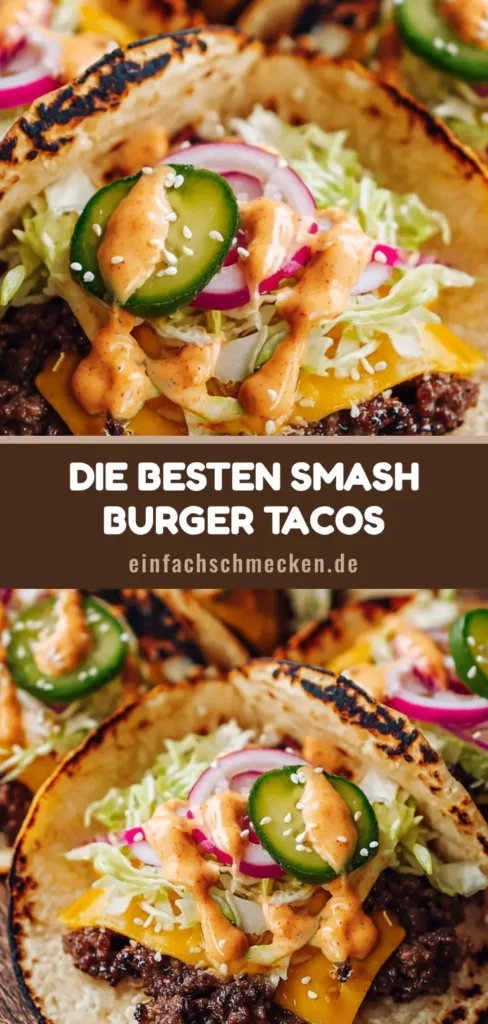 Drei fertige Smash Burger Tacos auf einem Holzbrett mit geschmolzenem Cheddar, Sauce und Sesam.