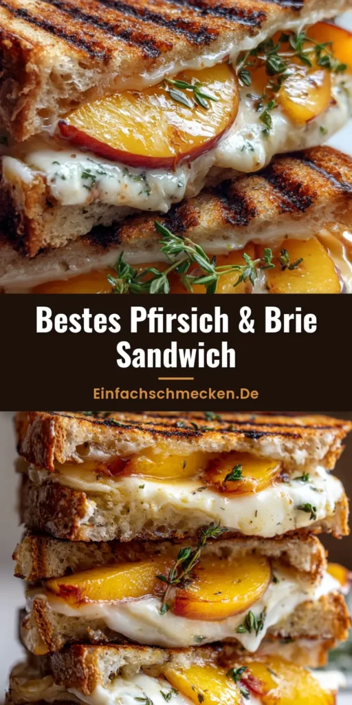 Nahaufnahme eines halbierten Pfirsich Brie Sandwiches mit geschmolzenem Käse, karamellisierten Pfirsichen und Honig auf rustikalem Sauerteigbrot.