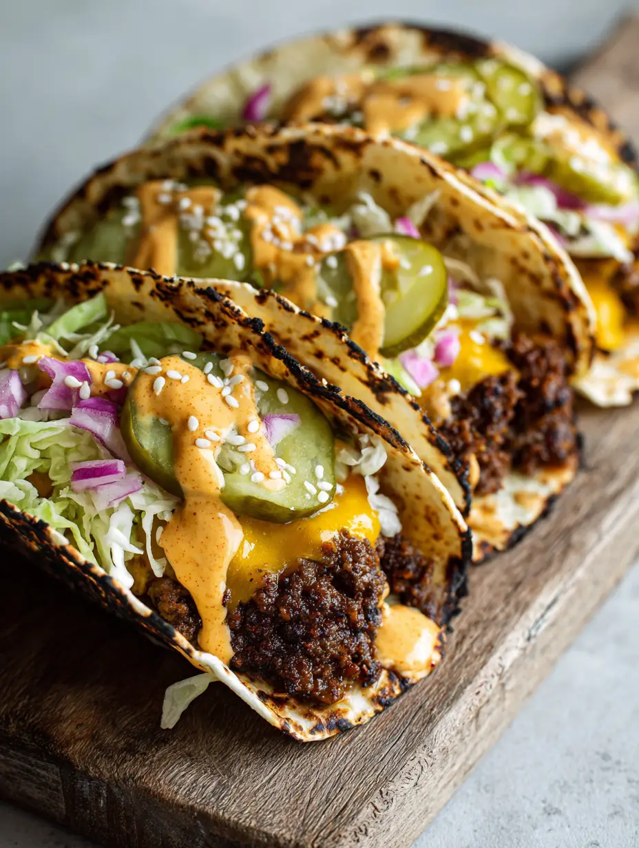 Nahaufnahme von Smash Burger Tacos mit karamellisiertem Rindfleisch und viel Sauce.