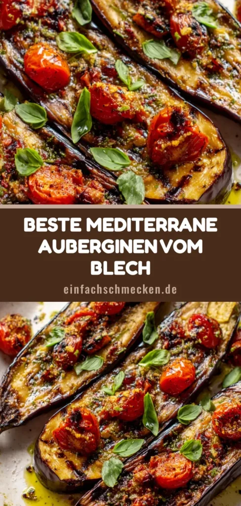 Zwei gebackene Auberginenhälften mit karamellisiertem Fruchtfleisch, gerösteten Kirschtomaten und frischem Basilikum auf einem rustikalen Teller.
