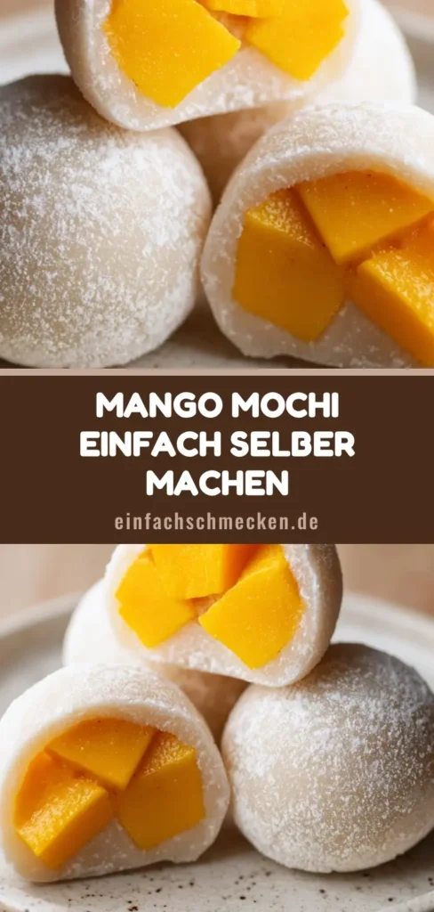 Drei handgemachte Mango Mochi Bällchen auf einem minimalistischen Teller, eines halbiert mit saftiger Mango-Füllung (Mango Mochi Rezept).
