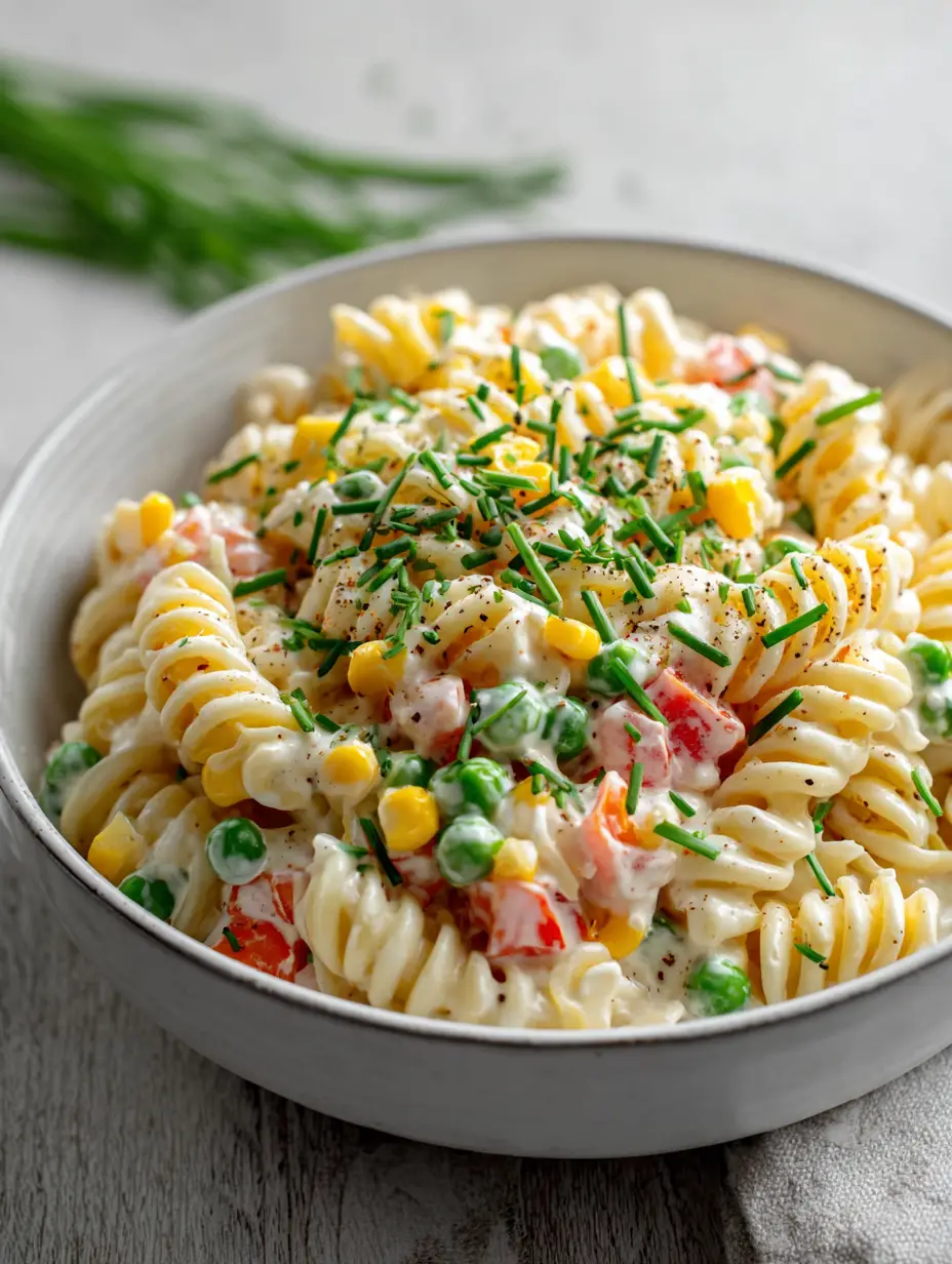 Nahaufnahme von Nudelsalat mit Schmand, Rotini Pasta, Erbsen, Mais und roter Paprika in einer weißen Schüssel.