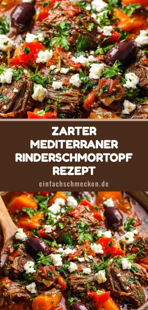 Rinderschmortopf mediterran in einer rustikalen Schale mit zartem Fleisch, Karotten und viel frischer Petersilie.