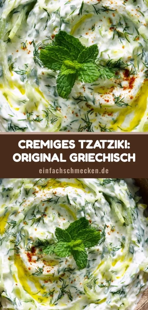 Ein köstliches Tzatziki Rezept in einer rustikalen Holzschale mit Olivenöl, Dill und einer Minzgarnitur auf einem Holztisch.
