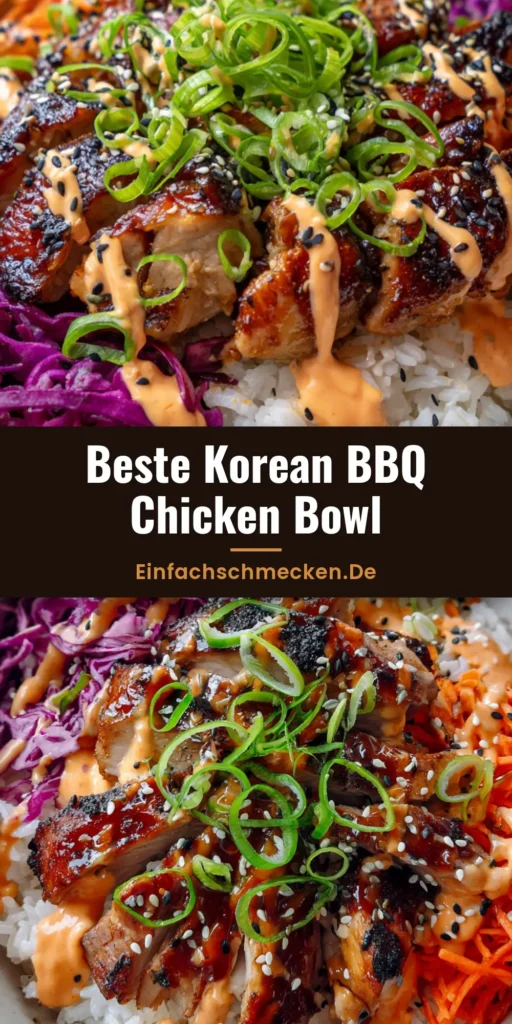 Korean BBQ Chicken Bowl: Das ultimative Rezept für maximalen Geschmack 3 Nahaufnahme einer Korean BBQ Chicken Bowl mit glasiertem Hähnchen, Rotkohl, Karotten und Gochujang-Drizzle.