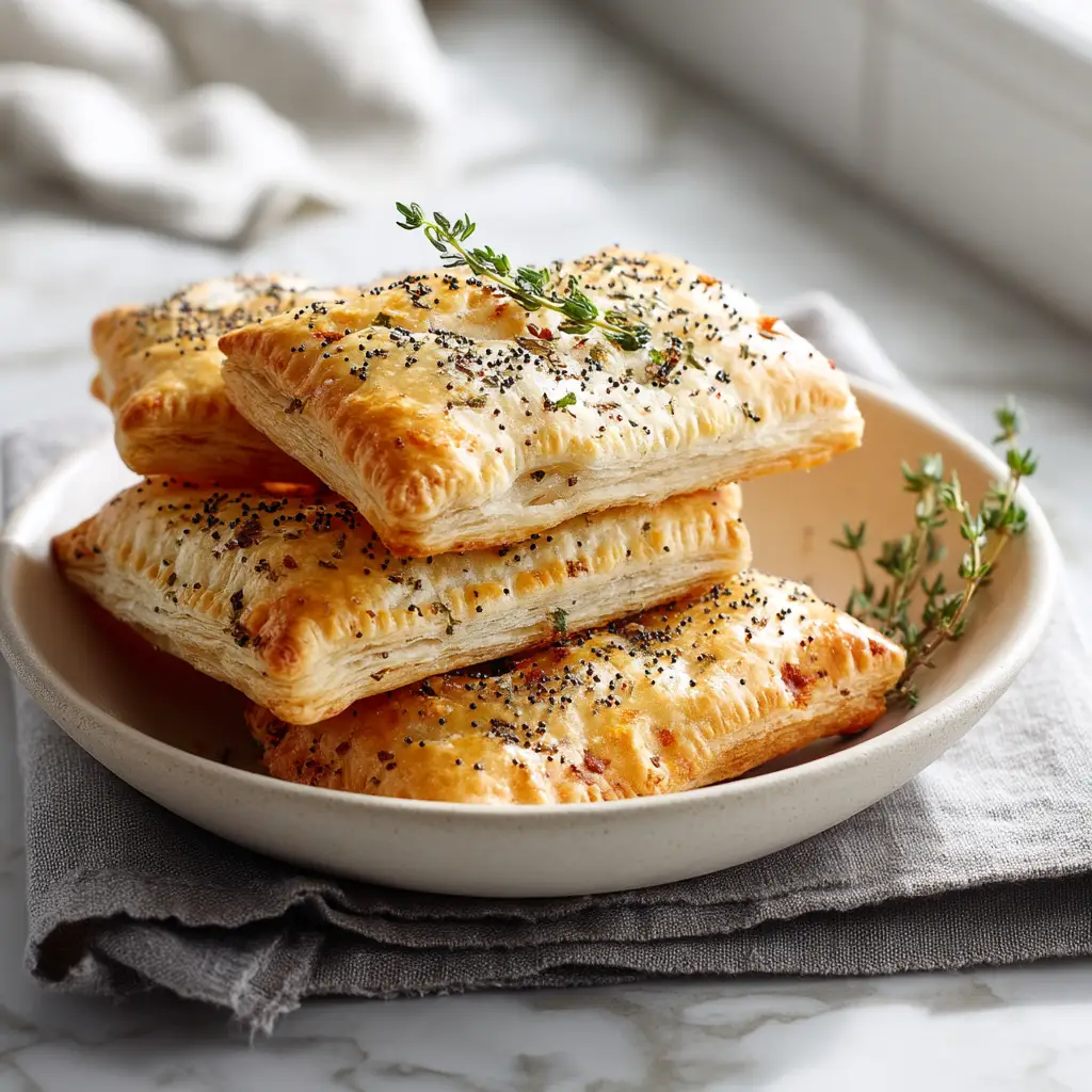 Drei goldbraun gebackene herzhafte Frühstücks-Poptarts auf einem hellen Teller serviert.