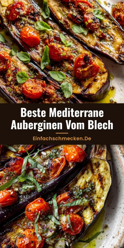 Zwei gebackene Auberginenhälften mit karamellisiertem Fleisch, getoppt mit gerösteten Kirschtomaten und frischem Basilikum. (Mediterrane Auberginen aus dem Ofen)