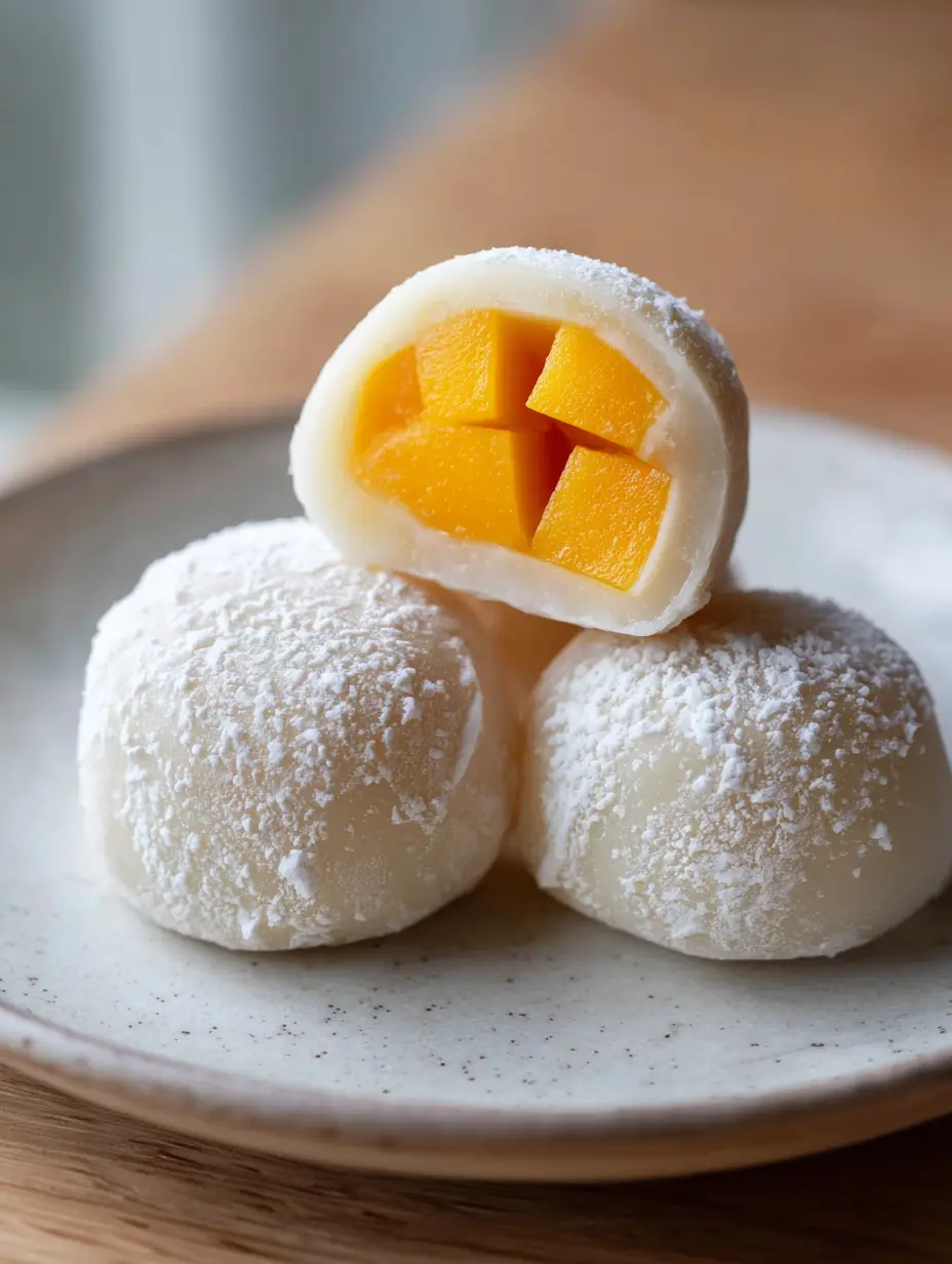 Nahaufnahme von frischen Mango Mochi mit feiner Maisstärke Bestäubung auf Holzuntergrund (Mango Mochi Rezept).