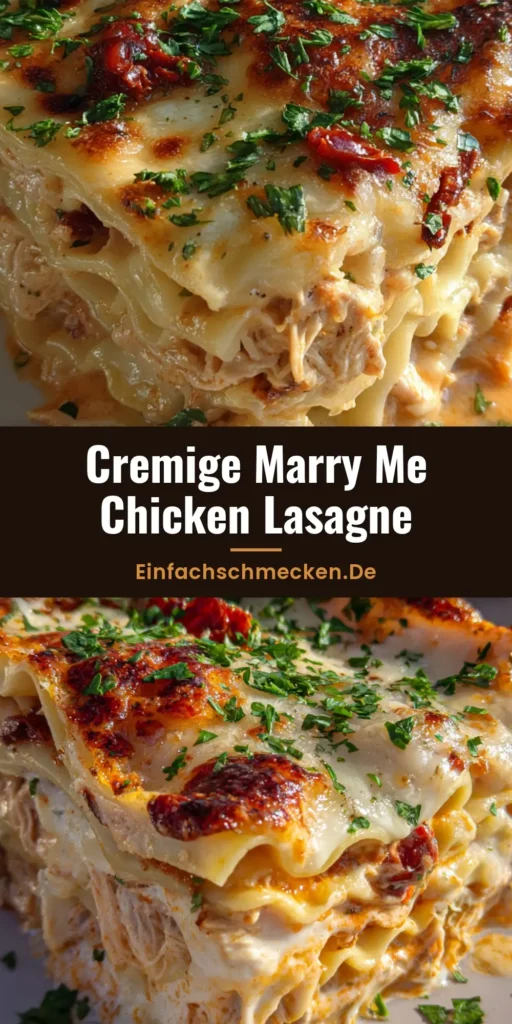 Ein quadratisches Stück Marry Me Chicken Lasagne auf einem Teller, mit sichtbaren welligen Nudelschichten, gezupftem Hähnchen und einer cremigen orange-pinken Sauce.