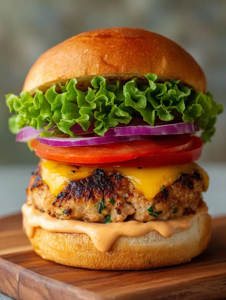 Putenburger Rezept: Saftig, würzig und der perfekte Grillgenuss 2 Nahaufnahme eines Putenburgers mit Brioche-Bun, grünem Frill-Salat und geschmolzenem Cheddar. (Putenburger Rezept)