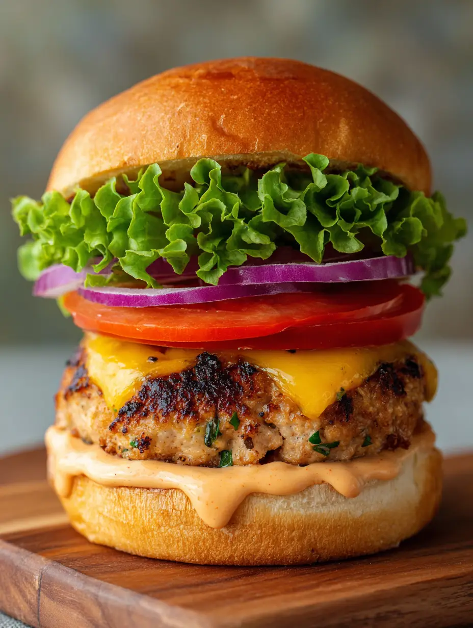 Putenburger Rezept: Saftig, würzig und der perfekte Grillgenuss 3 Nahaufnahme eines Putenburgers mit Brioche-Bun, grünem Frill-Salat und geschmolzenem Cheddar. (Putenburger Rezept)
