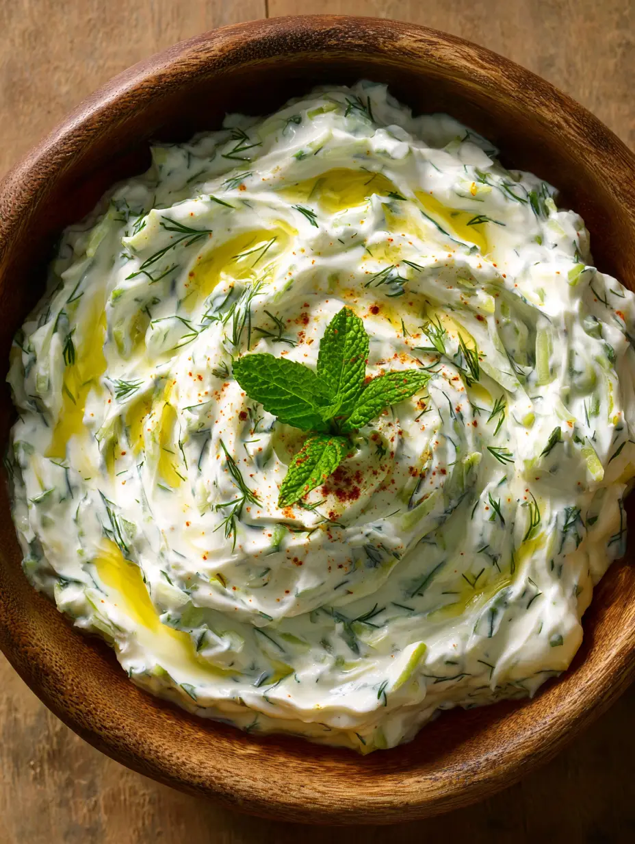 Top-Down Ansicht einer Holzschale mit cremigem Tzatziki Rezept, dekoriert mit Olivenöl-Swirls und frischen Kräutern.