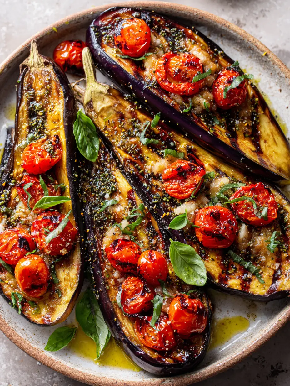 Nahaufnahme von Mediterranen Auberginen aus dem Ofen mit goldbraunem Fruchtfleisch und glänzendem Olivenöl.