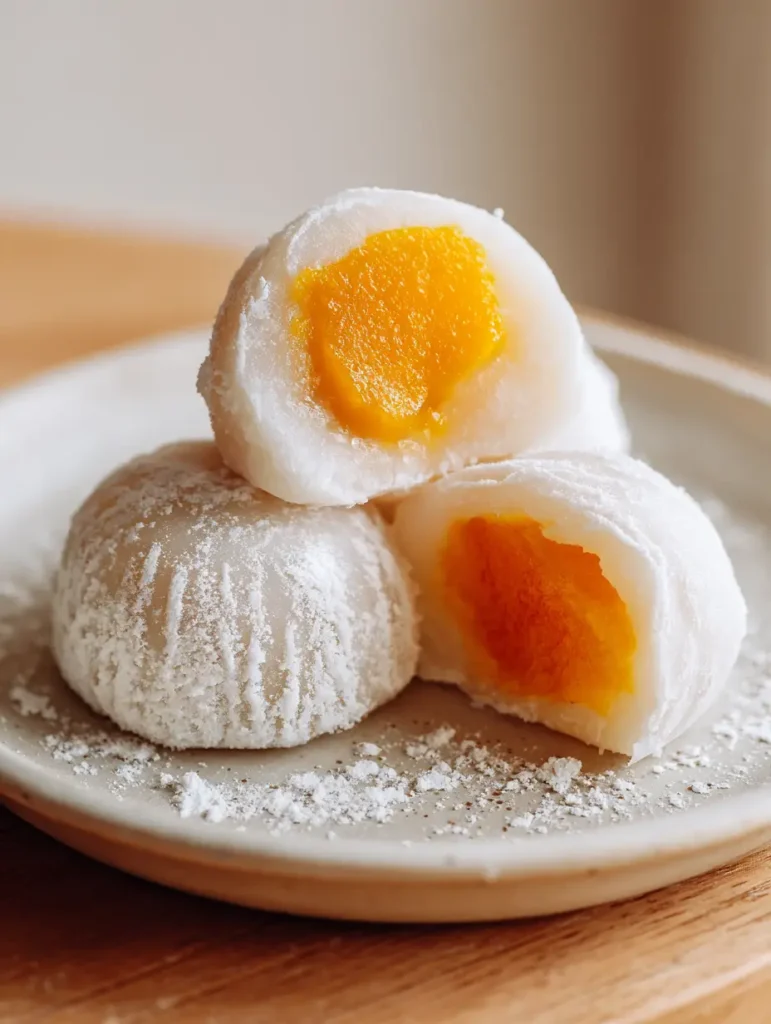 Aufgeschnittenes Mango Mochi zeigt den leuchtend orangenen Kern aus frischer Mango (Mango Mochi Rezept).