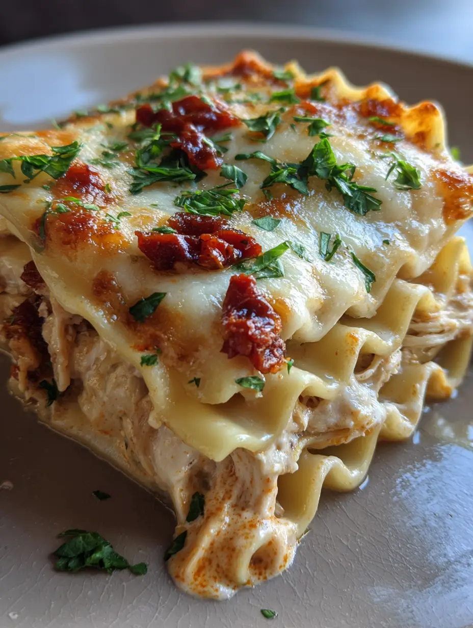 Nahaufnahme einer Marry Me Chicken Lasagne mit welligen Pastablättern und goldbraunem Mozzarella-Topping.