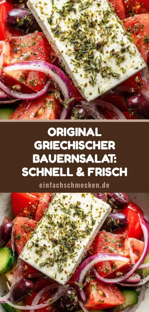 Authentischer Griechischer Bauernsalat in einer Schüssel mit großem Feta-Block und Oregano.