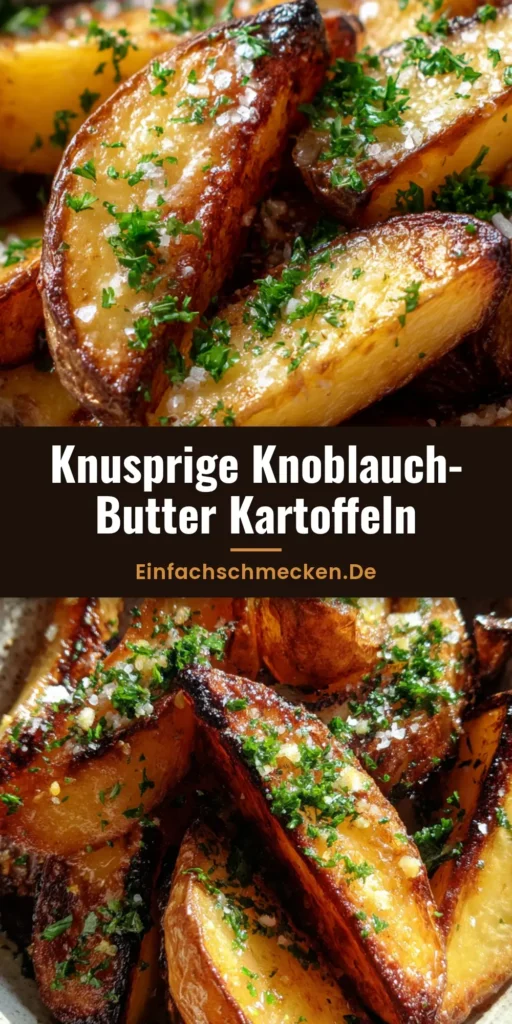 Knusprige goldbraune Knoblauch-Butter-Kartoffeln in einer Schüssel mit viel Petersilie und Meersalz.