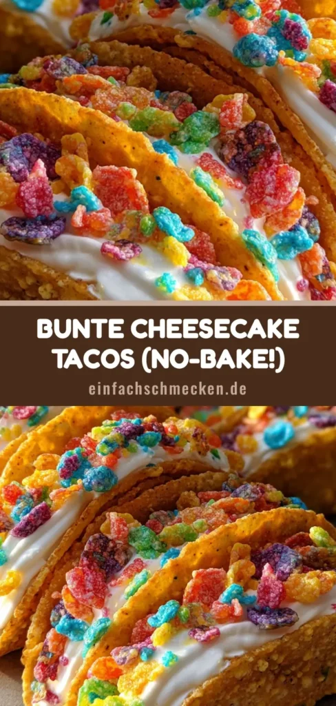 Drei bunte Cheesecake Tacos aus Fruity Pebbles auf einer neutralen Oberfläche, nahaufnahme.
