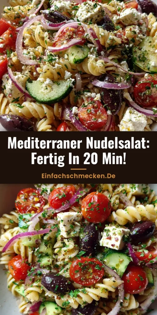 Mediterraner Nudelsalat – Das ultimative Rezept für Deinen Sommer 4 Mediterraner Nudelsalat mit Fusilli, Kirschtomaten, Oliven und Feta in einer weißen Schale auf Holztisch.