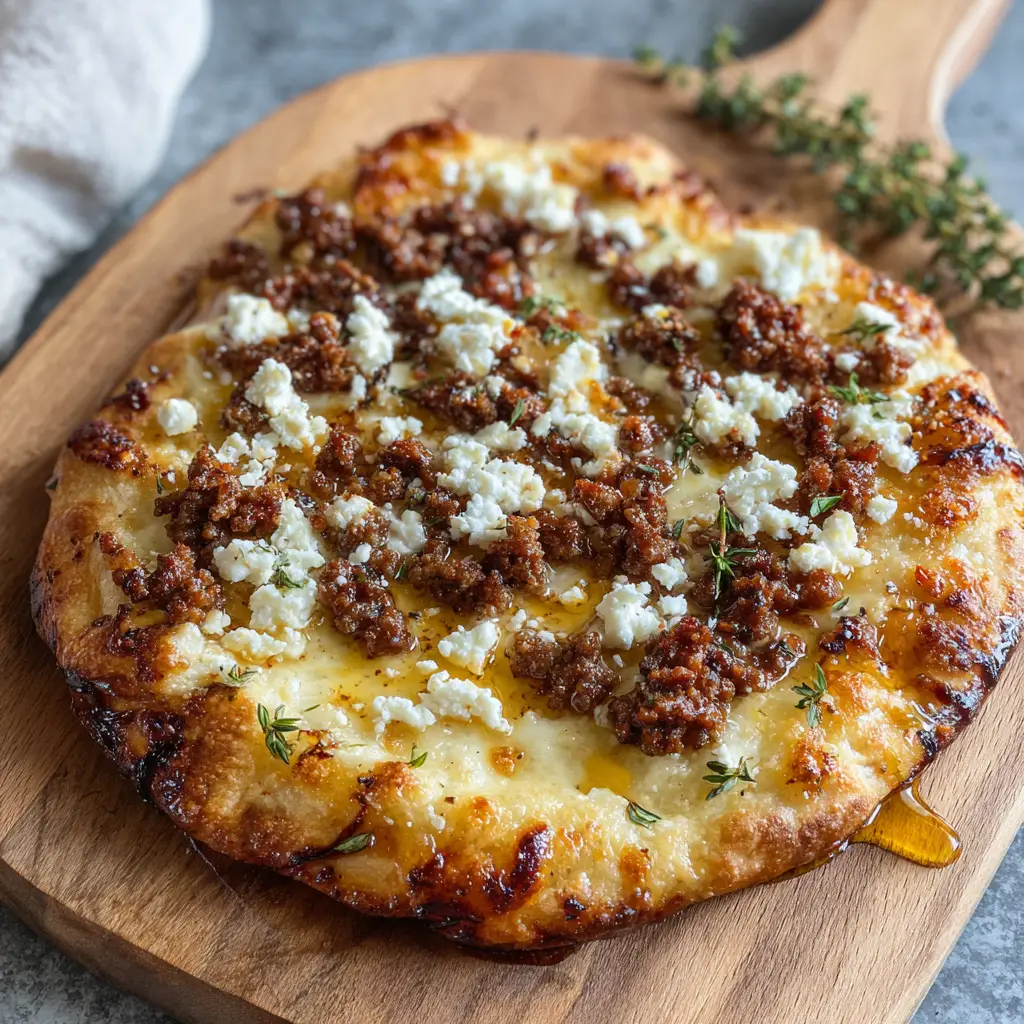 Rustikale Pizza mit Ziegenkäse und Honig auf einem Holzbrett mit knusprigem Rand.