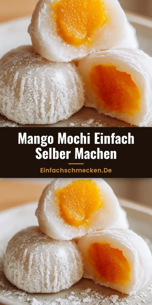 Mango Mochi Rezept: So einfach machst Du das Trend-Dessert selbst 3 Drei handgemachte Mango Mochi Bällchen auf einer minimalistischen Platte, eines halbiert mit frischer Mango-Füllung. (Mango Mochi Rezept)