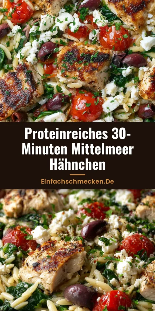 Draufsicht auf eine rustikale Pfanne mit Mediterranes Hähnchen Orzo, Kirschtomaten, Spinat und Feta auf einem Holztisch.