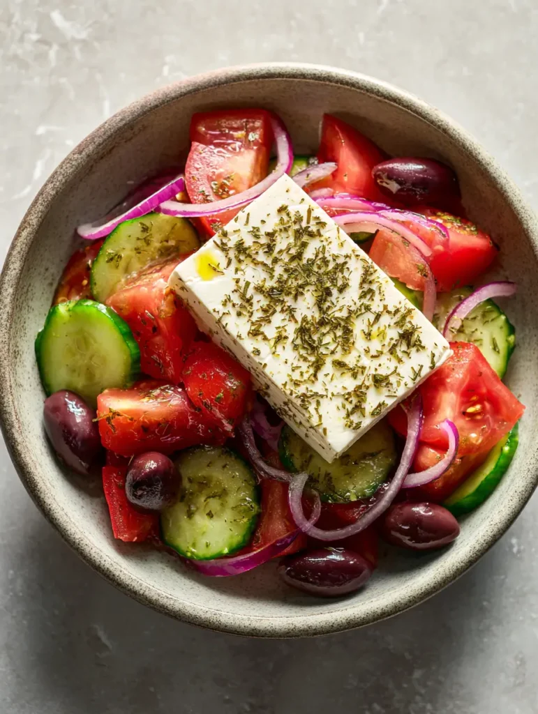 Nahaufnahme von Griechischem Bauernsalat mit glänzendem Olivenöl und Oregano auf Feta.