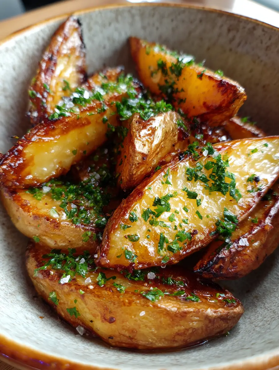 Nahaufnahme von gerösteten Kartoffelspalten mit Knoblauchbutter und frischer Petersilie.
