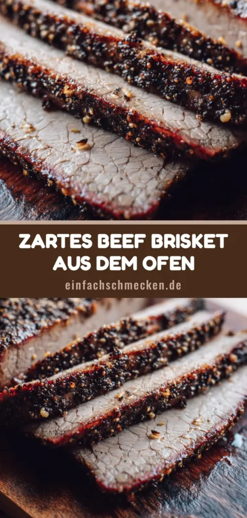 Dicke Scheiben von Beef Brisket mit dunkler Pfefferkruste auf einem rustikalen Holzbrett. (Beef Brisket Ofen Rezept)