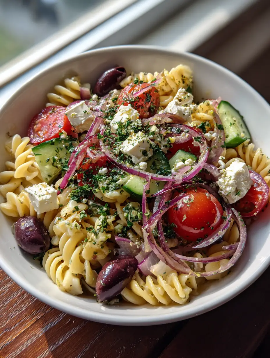 Mediterraner Nudelsalat – Das ultimative Rezept für Deinen Sommer 3 Nahaufnahme von Mediterraner Nudelsalat mit glänzendem Dressing, roten Zwiebeln und Petersilie.