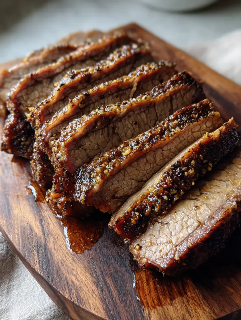 Aufgeschnittenes Beef Brisket auf einem dunklen Holzschneidebrett mit Fleischsaft.
