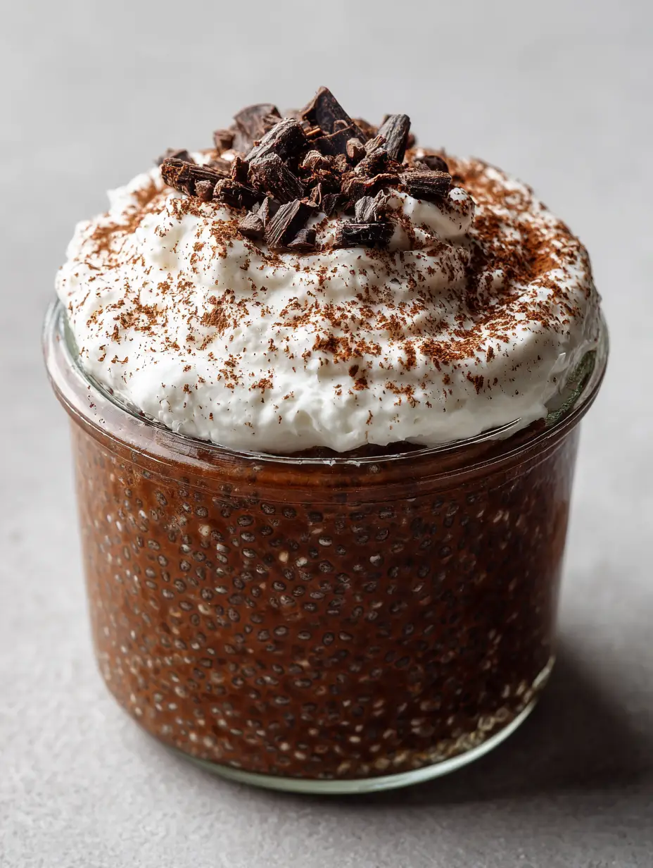 Nahaufnahme von Mocha Chia Pudding Rezept in einem Glas mit Schokoraspeln.