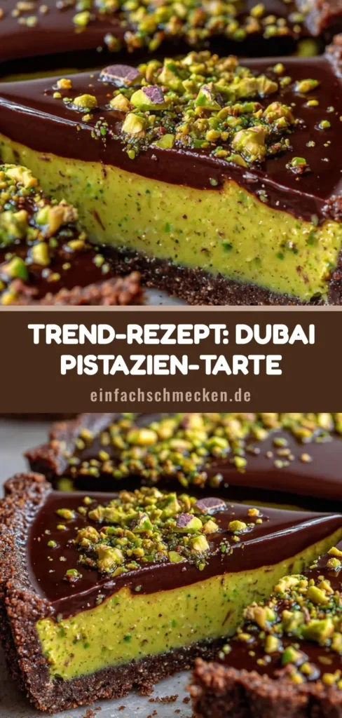 Nahaufnahme einer Schokoladen Pistazien Tarte mit Anschnitt, grüner Pistazienfüllung und Kunafa-Crunch.
