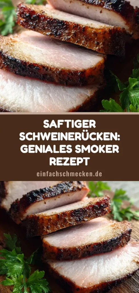 Saftig aufgeschnittener Schweinerücken aus dem Smoker auf einem Holzbrett mit rosa Smoke-Ring.