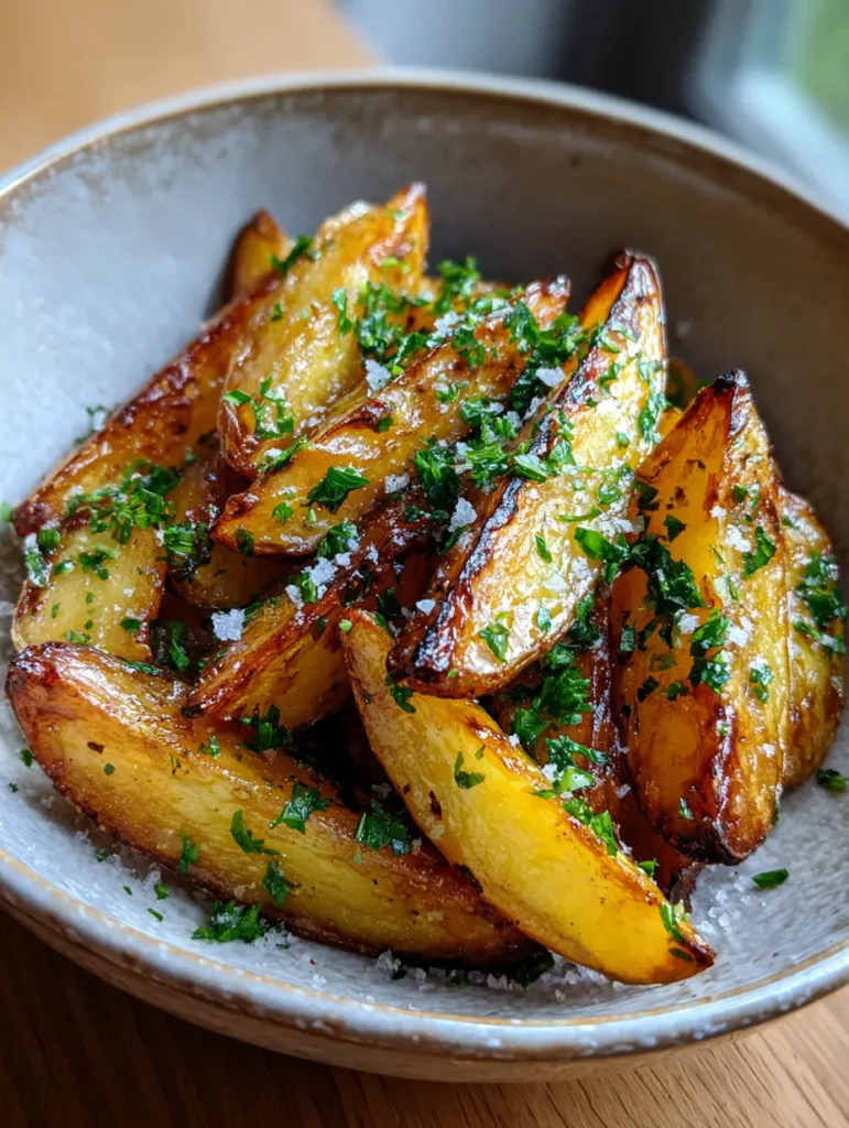Kartoffel Wedges mit glänzender Knoblauchbutter-Glasur in einer rustikalen Keramikschüssel.