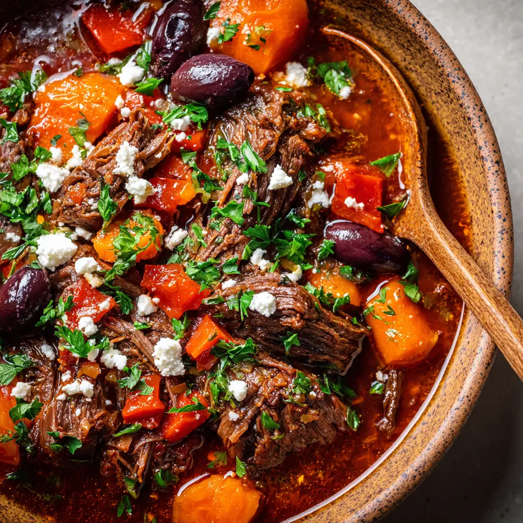 Nahaufnahme von Rinderschmortopf mediterran mit glänzender Sauce und weichen Zwiebeln.