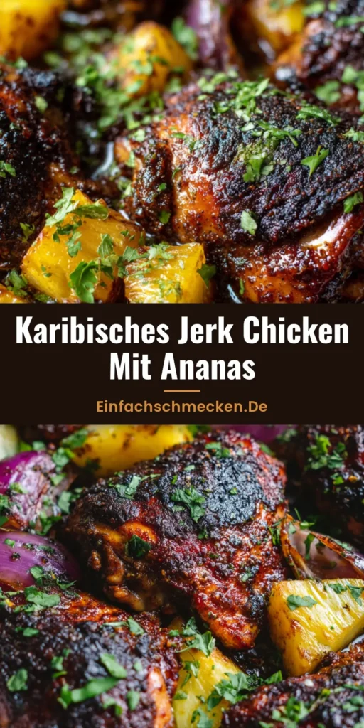 Jerk Chicken mit Ananas: Das ultimative karibische Geschmackserlebnis 3 Gebackene Jerk Chicken Schenkel in einer Auflaufform mit karamellisierter Ananas, roten Zwiebeln und frischem Koriander.