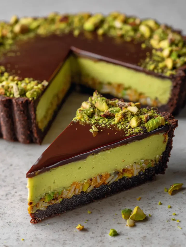 Draufsicht auf die fertige Schokoladen Pistazien Tarte mit Pistazien-Drizzle und gehackten Kernen.