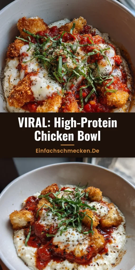 Draufsicht einer High-Protein Chicken Parmesan Bowl mit Hüttenkäse, knusprigem Hähnchen, Tomatensauce und geschmolzenem Mozzarella.