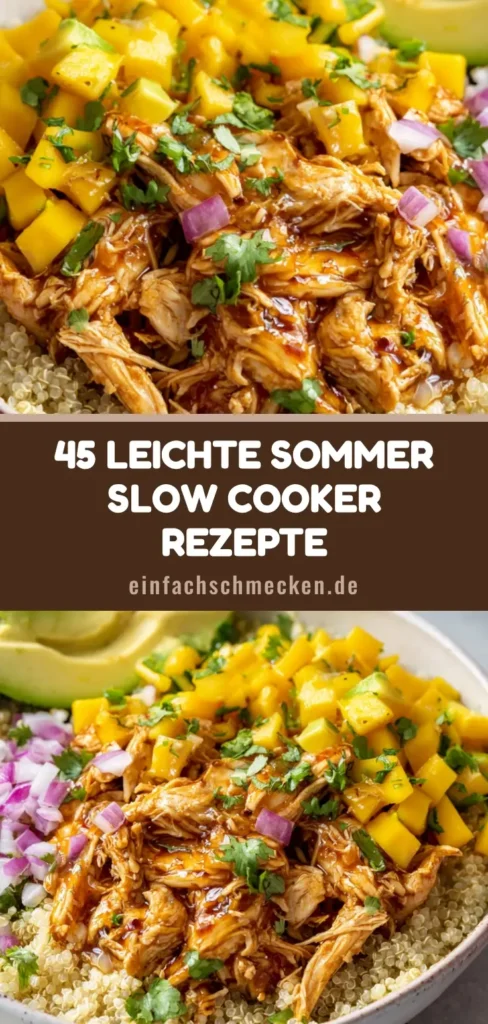 Ein appetitlicher Teller mit gezupftem Honey-Lime Hähnchen, Mango-Salsa und Avocado auf Quinoa. (Slow Cooker Rezepte Sommer)