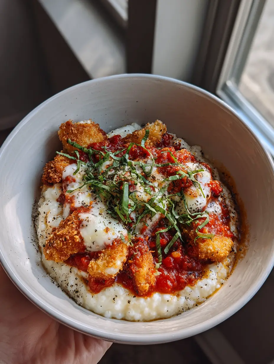 Nahaufnahme einer High-Protein Chicken Parmesan Bowl in einer weißen Keramikschale auf grauem Steinuntergrund.