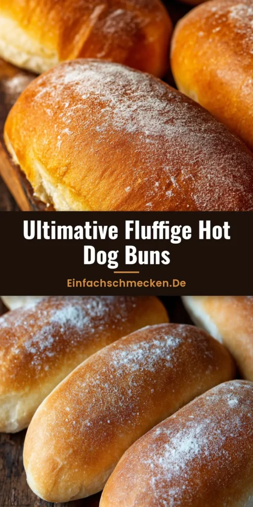 Mehrere frisch gebackene Hot Dog Brötchen nebeneinander auf dunklem Holz mit leichter Mehlbestäubung.
