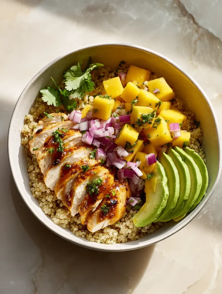 Nahaufnahme einer Bowl mit saftigem Hähnchen, gelber Mango und grünem Koriander unter natürlichem Licht. (Slow Cooker Rezepte Sommer)