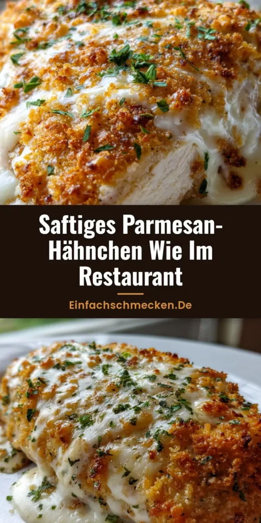 Nahaufnahme eines goldbraun gebackenen Hähnchens mit Parmesan-Kruste auf einem weißen Teller, bestreut mit Petersilie.