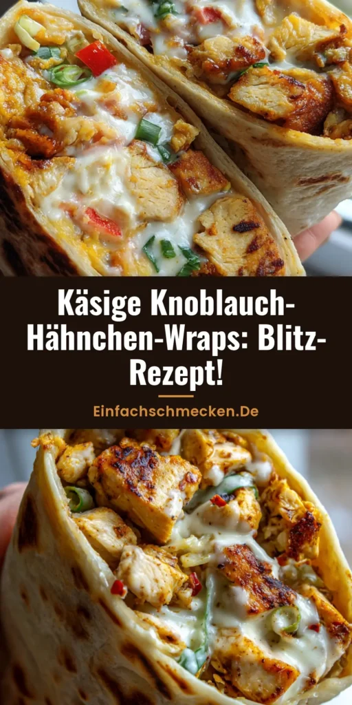 Nahaufnahme eines angeschnittenen Hähnchen-Wraps mit Käse, der saftiges Fleisch und geschmolzenen Mozzarella zeigt.