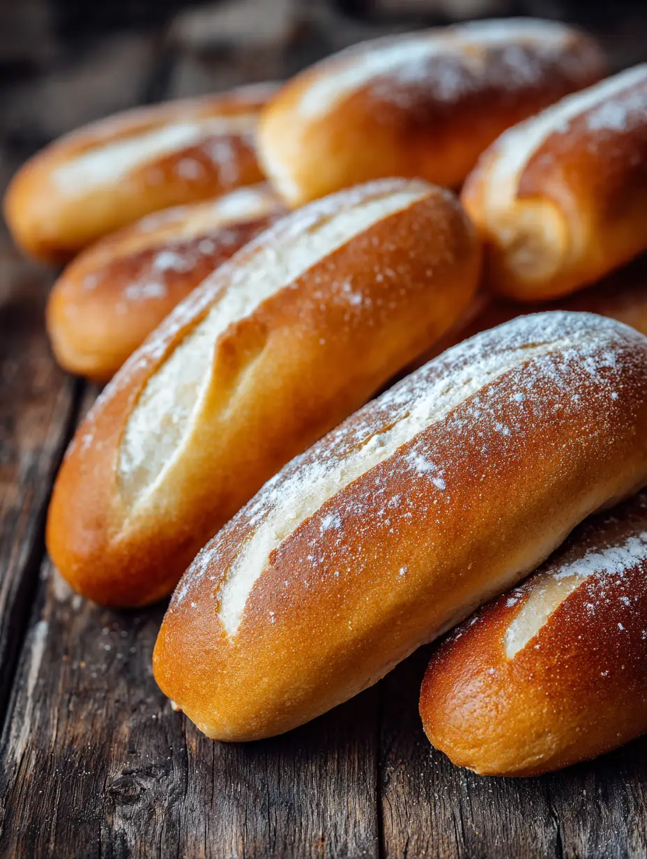 Nahaufnahme von goldbraunen Hot Dog Brötchen mit weicher, matter Textur.