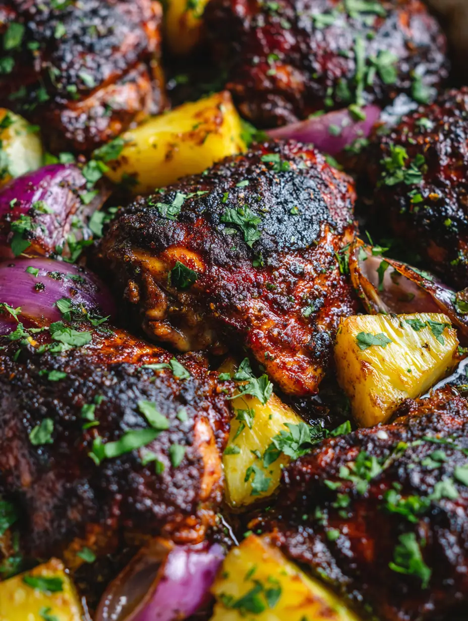 Nahaufnahme von knusprigem Jerk Chicken mit Ananas und frischem Koriander. (Jerk Chicken mit Ananas)