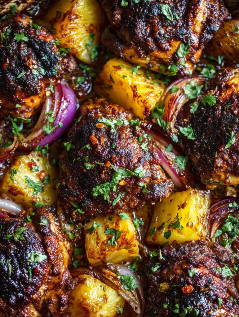 Saftige Hähnchenoberkeulen mit Jerk-Gewürz und goldenen Ananasstücken.