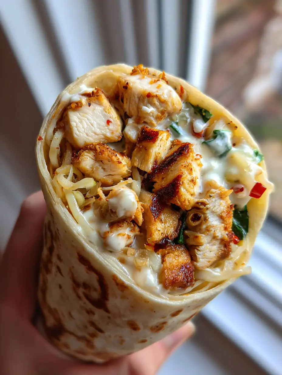 Ein in der Hand gehaltener Hähnchen-Wrap mit Käse und frischen Kräutern im Anschnitt.