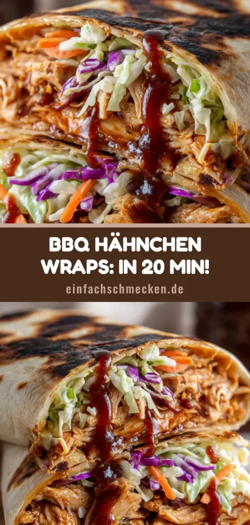 Zwei aufgeschichtete BBQ Hähnchen Wraps mit dunklen Grillstreifen auf einem Holzbrett, gefüllt mit saftigem Fleisch und buntem Coleslaw.